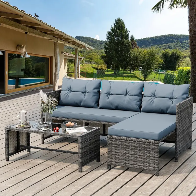 Shintenchi 3-Piece Blue-Gray All-Weather Wicker Patio Set – Compact Outdoor Conversation Seating with Tempered Glass Table and Comfort Cushions 2