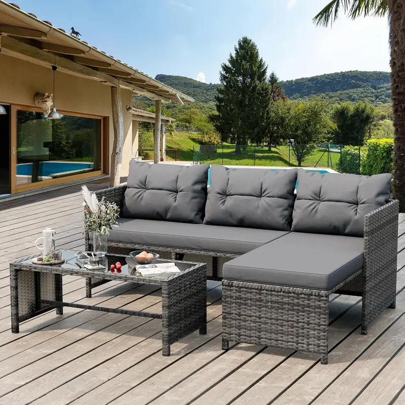 Shintenchi 3-Piece Blue-Gray All-Weather Wicker Patio Set – Compact Outdoor Conversation Seating with Tempered Glass Table and Comfort Cushions