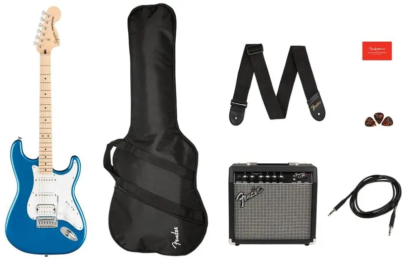 Squier Affinity Stratocaster HSS Guitar Bundle – Lake Placid Blue, Maple Fretboard & Starter Accessories