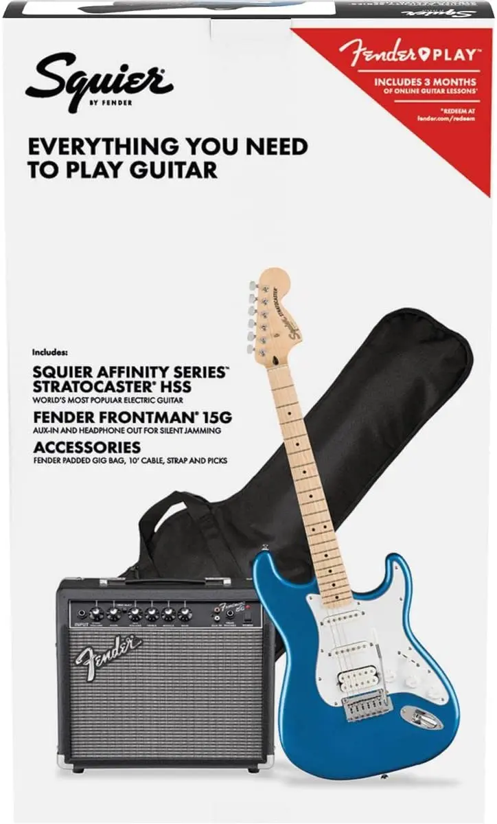 Squier Affinity Stratocaster HSS Guitar Bundle – Lake Placid Blue, Maple Fretboard & Starter Accessories