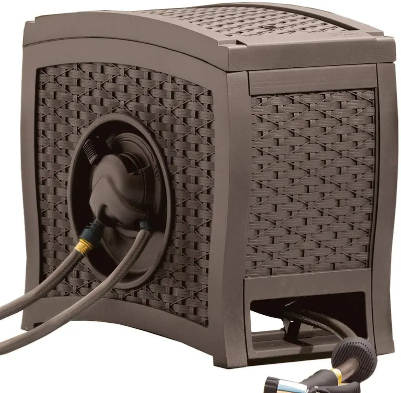 Suncast Aquawinder 125-Foot Retractable Hose Reel — Water-Powered Automatic Rewind, Wicker-Style Housing with Java Finish