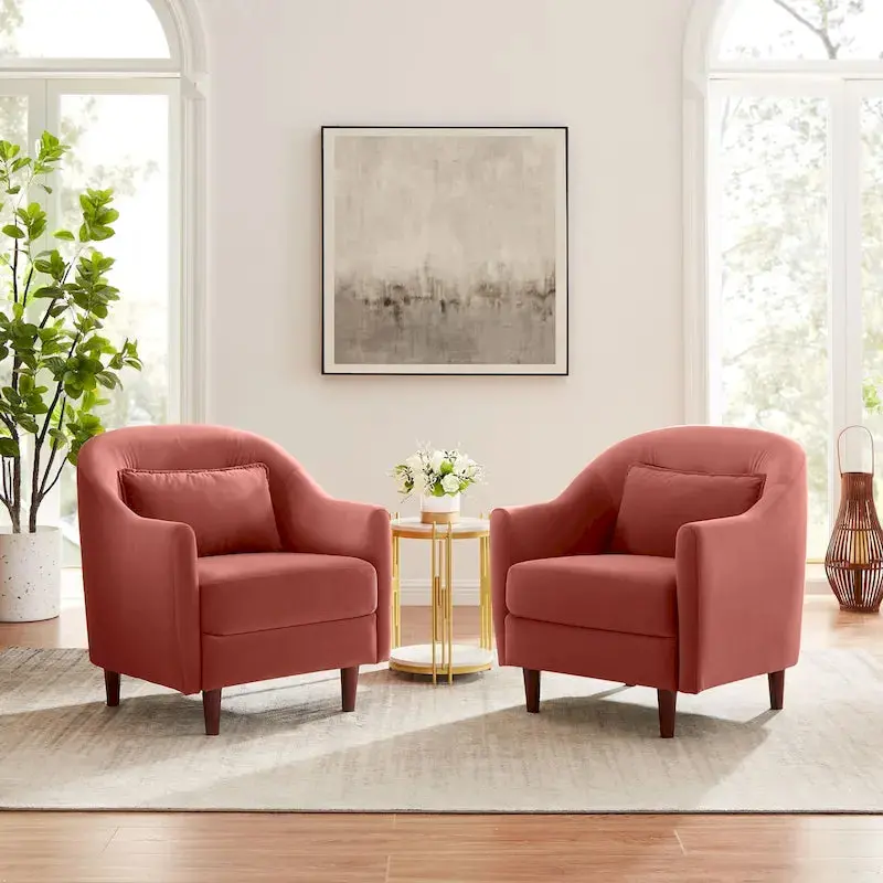 Velvet Barrel Accent Armchair Pair – Modern Two-Seat Set with Solid Wood Legs & Curved Silhouette