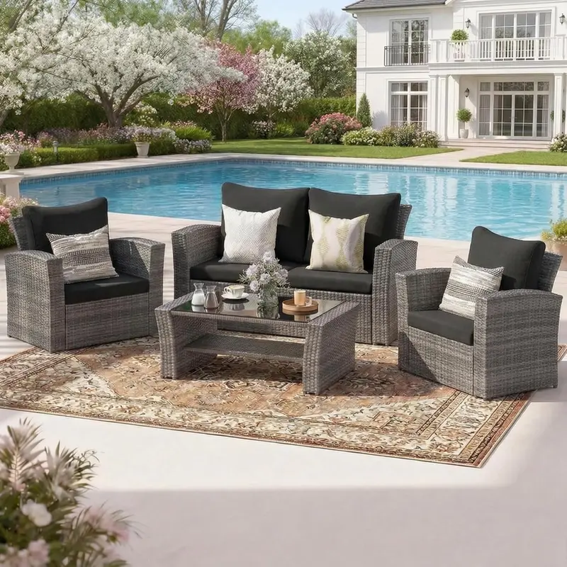 Wisteria Lane Navy Blue 4-Piece All-Weather Wicker Patio Sofa Set Including Comfort Cushions and Clear Glass Coffee Table