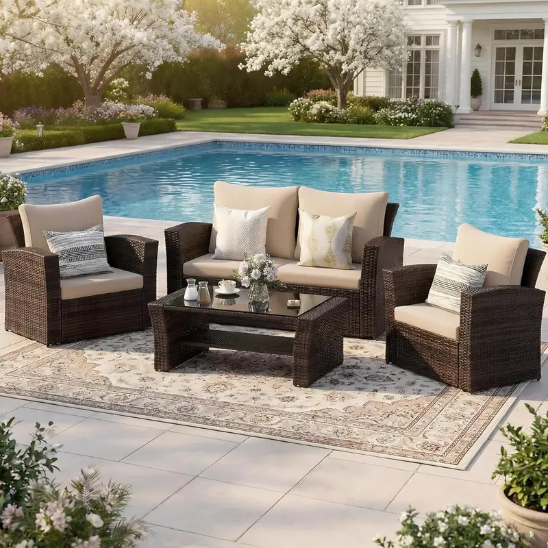 Wisteria Lane Navy Blue 4-Piece All-Weather Wicker Patio Sofa Set Including Comfort Cushions and Clear Glass Coffee Table