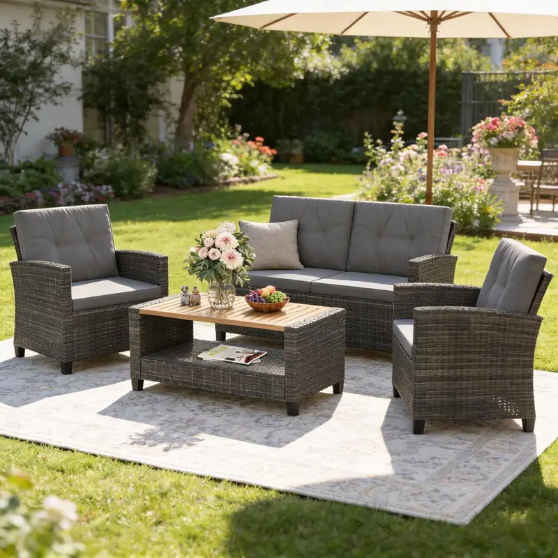 Wisteria Lane Navy Blue 4-Piece All-Weather Wicker Patio Sofa Set Including Comfort Cushions and Clear Glass Coffee Table 2