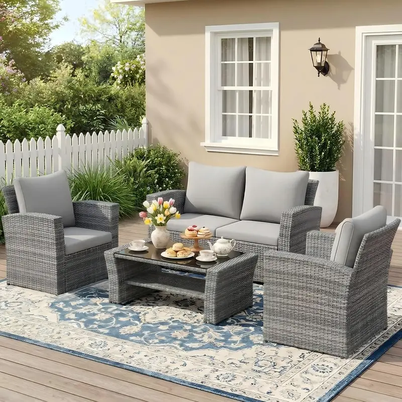 Wisteria Lane Navy Blue 4-Piece All-Weather Wicker Patio Sofa Set Including Comfort Cushions and Clear Glass Coffee Table