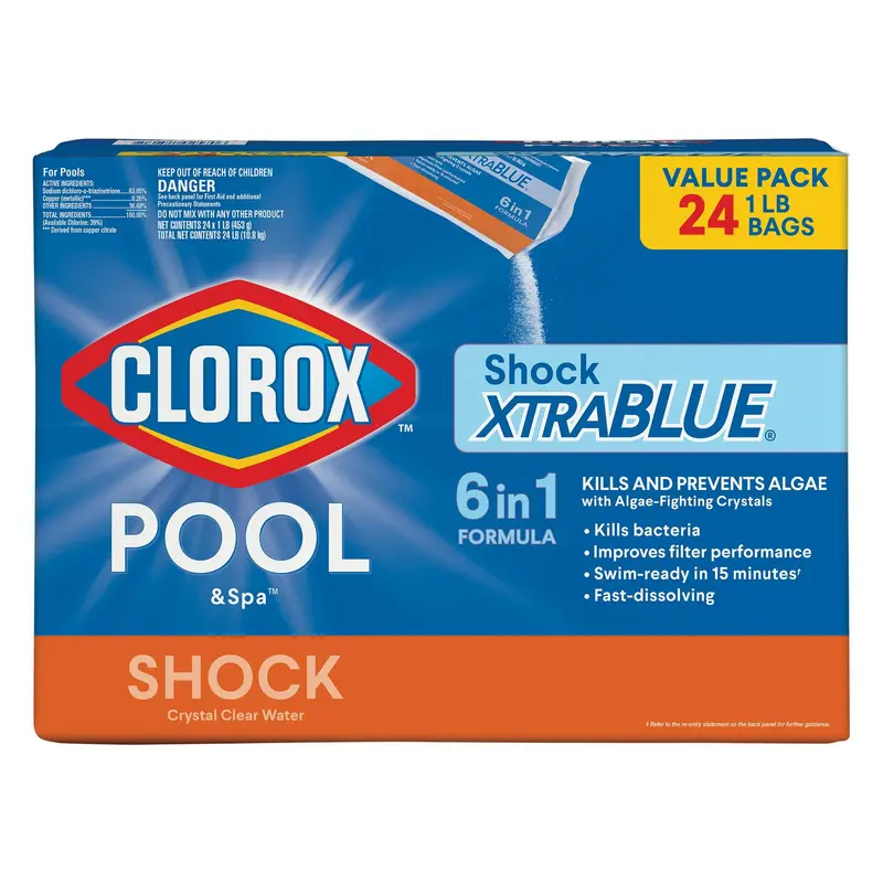 XtraBlue Pool Shock & Algaecide – 1 lb Packets (24-Pack) for Spas, Hot Tubs, and Residential Swimming Pools