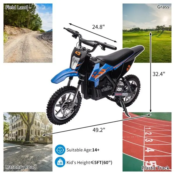 Youth Off-Road Electric Bike – 36V, 350W Brushless Motor, 175 lb Load Capacity (Blue)